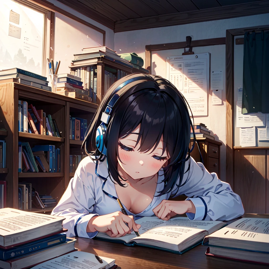 Masterpiece, highest quality, high resolution background, bright and beautiful atmosphere, 3 girls (2 years old, 1 short-tempered round face), 1 (hair, surface effects), small breasts, own room, study desk, A girl sleeping face down on her desk. Textbooks and notebooks she is studying are scattered on the desk. A girl sitting on a chair. She is wearing pajamas. She is wearing headphones. "deltamon_sdXL :0.73) >Deltamon"