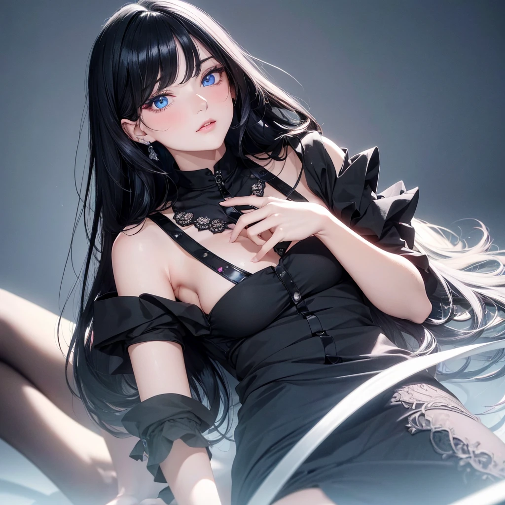 absurderes, ultra-detailliert,bright colour,(in 8K:1.3),masuter piece,extremely beautiful detailed face and eye, 25 years old,(Smooth straight black hair), (Shiny long hair),(Pattsun bangs), (Deep blue eyes) Delicate beautiful face, red blush, (wearing black shirt) right side face position, plain black background.