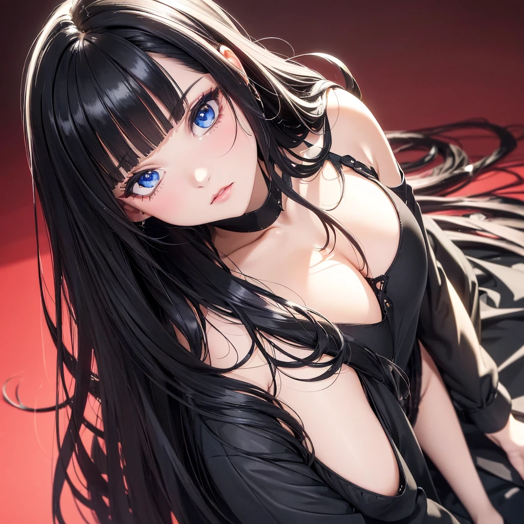 absurderes, ultra-detailliert,bright colour,(in 8K:1.3),masuter piece,extremely beautiful detailed face and eye, 25 years old,(Smooth straight black hair), (Shiny long hair),(Pattsun bangs), (Deep blue eyes) Delicate beautiful face, red blush, (wearing black shirt) right side face position, plain black background.