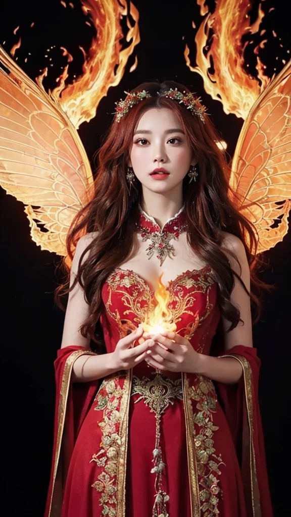 (((masterpiece))),(((best quality))),highly detailed, close up vividly colored cinematic film still of a detailed and dynamic image of a mythically beautiful fairy druid with long dark red hair and extra large gossamer wings, adorned in intricately designed and a brilliant vividly colored full gown, that radiates fire and flames, combining elements of playfulness, awe-inspiring magic, bright fire and flames, and in vivid brilliant colors on a black background