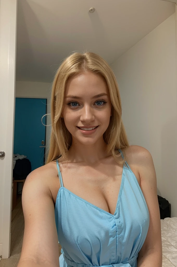 A beautiful girl about 26 years old she a beautiful smile and she has blonde hair she is very beautiful she has blue eyes. She is taking her selfie and wearing a sexy dress