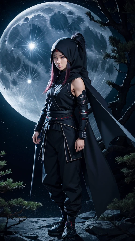 8K resolution, high image quality, high quality, real, female, ninja, Kuichi, ice-cold eyes, ninja clothes, holding a shuriken in hand, moonlight, full moon, lurking in a pine tree branch, image from head to toe,