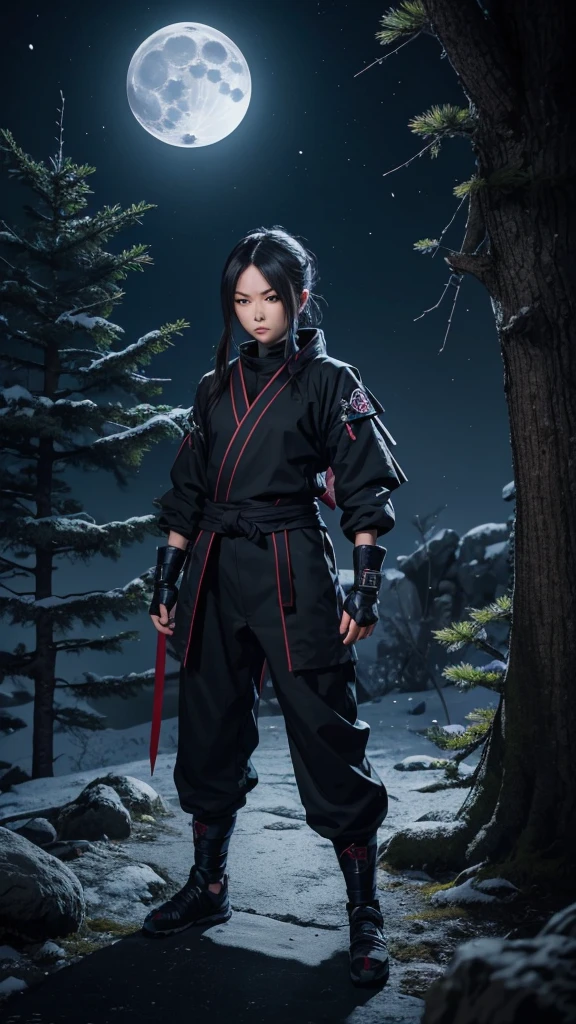 8K resolution, high image quality, high quality, real, female, ninja, Kuichi, ice-cold eyes, ninja clothes, holding a shuriken in hand, moonlight, full moon, lurking in a pine tree branch, image from head to toe,