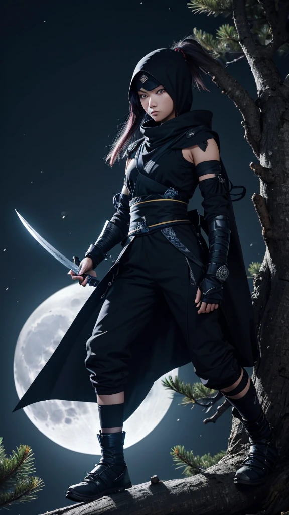 8K resolution, high image quality, high quality, real, female, ninja, Kuichi, ice-cold eyes, ninja clothes, holding a shuriken in hand, moonlight, full moon, lurking in a pine tree branch, image from head to toe,