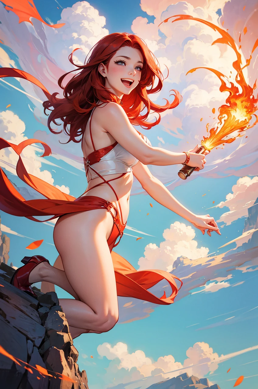 a beautiful girl with fiery red hair, sparks at the ends of her hair, laughing, phoenix, fantasy, fairytale, sky and clouds in the background