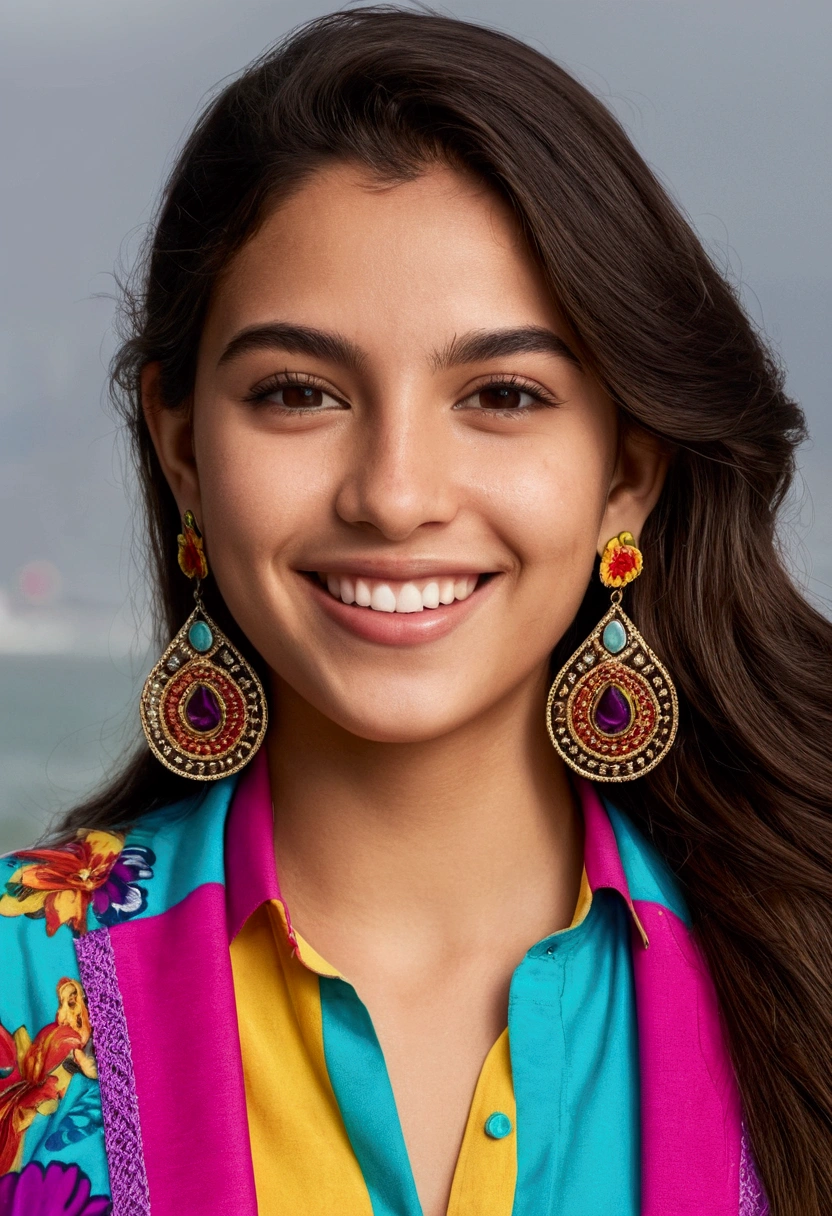 latina woman, young person between 18 and 21 years of age, smiling, wearing bikini, in the background with the beach of RJ, Leblon , Discreet earrings,full - length photo, PICTURE REALISTIC, 4K resolution, striking and defined features, very sensual and a mysterious look, intriguing look, emphasis on the look,