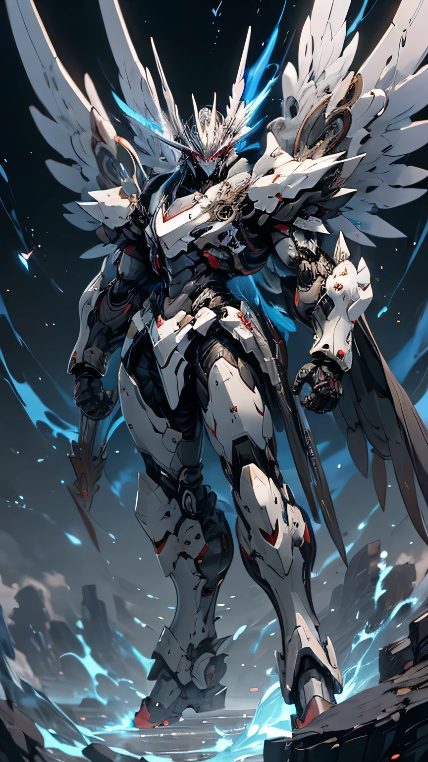 (masterpiece:1.2), ((whole body)), massive, thick body, black wing, Nijimecha, robot,red eyes,blue theme,white armor, black flame.