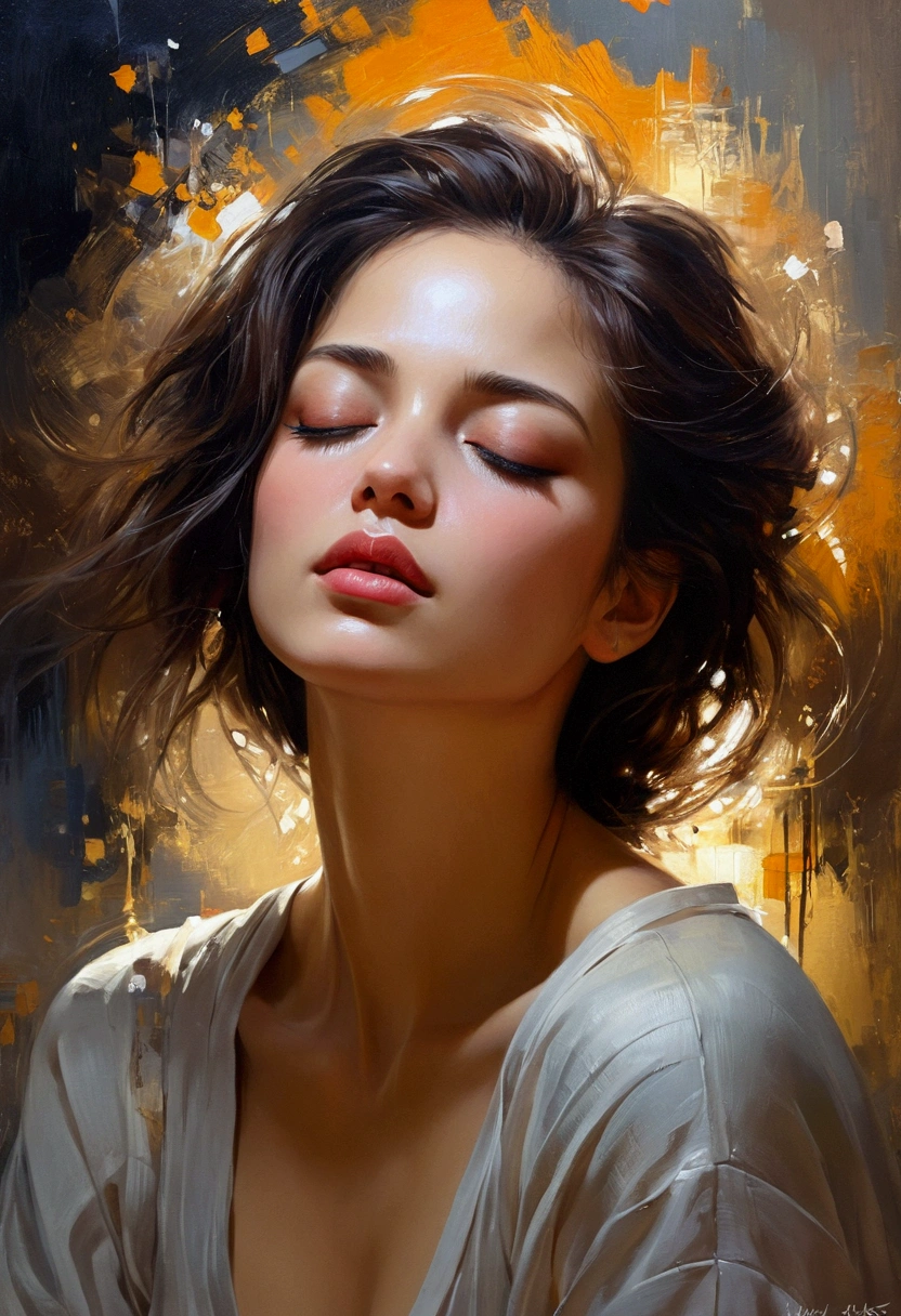 A painting of a woman with her eyes closed, sensual painting, Beautiful expressive painting, Wadim Kashin. Ultra photo realsisim, Louise Ross, digital painting art, Perceptual digital painting, Stylish digital painting, Bonito painting, glossy digital painting, beautiful digital painting, digital art painting, Fine paintings, ((Rod acrylic paint)).