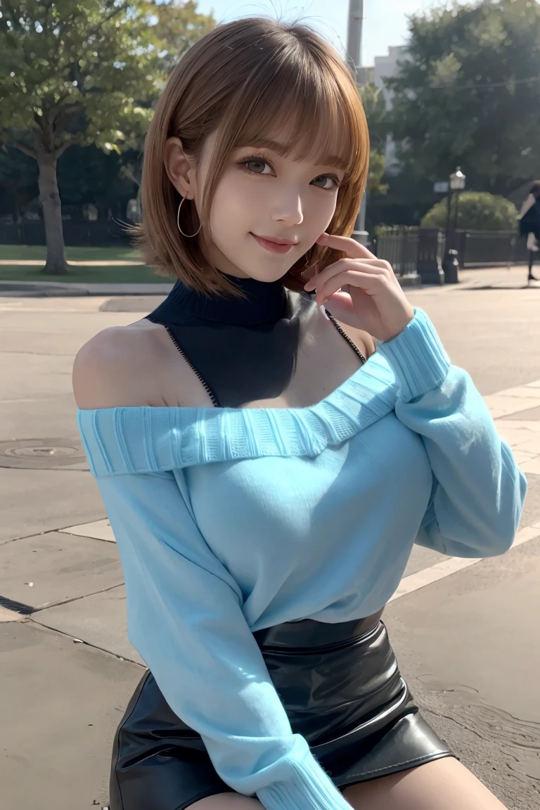memcho, memcho, (Big Breasts:1.3), Blonde, blue eyes, Blunt bangs, devil horn, fake horn, horn, short hair, Breaking the Bare Shoulders, black skirt, (blue sweater: 1.5), Long sleeve, Off the shoulder, Off the shoulder sweater, Puffy sleeves, skirt, sweater, White ribbon, Taking a break from watching the audience, (at the park), (masterpiece: 1.2), best quality, High resolution, Unity 8k wallpaper, (An illustration: 0.8), (Beautiful eye details: 1.6), Very detailed顔, Perfect lighting, Extremely detailed CG, (Perfect hands, Perfect Anatomy) , Perfect Eyes, Have a very sexy body, Have a full chest and a slim waist, And a very sexy body, Bold Look. young, quality, Very detailed, Realistic, smile, Calm, Perfect Eyes, Have a very sexy body, Have a full chest and a slim waist, And a very sexy body, Bold Look. young, quality, Very detailed, Realistic,