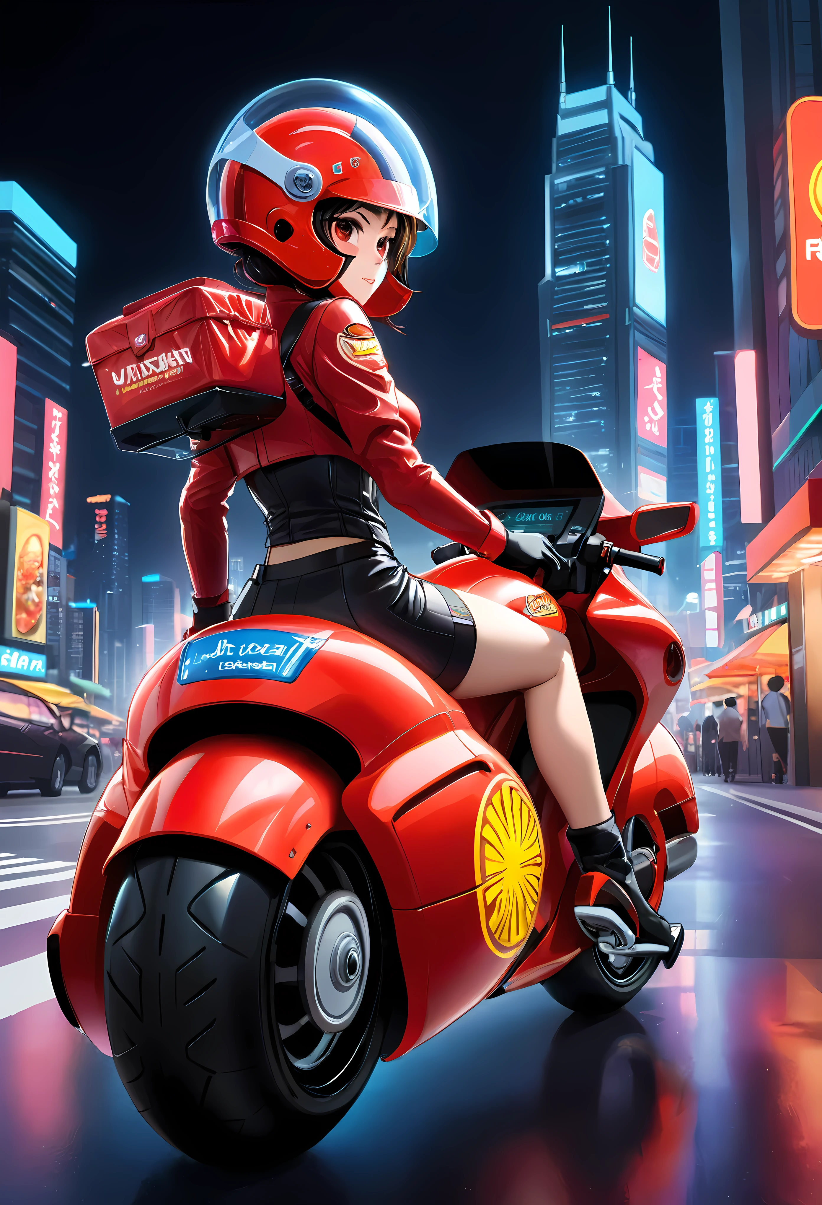 Create a detailed image of a futuristic motorcycle inspired by the iconic bike from the classic Akira manga/anime that turned into fast food delivery bike. The motorcycle should have a sleek, aerodynamic design with a low-slung, elongated body. It should feature a vibrant red color with a glossy finish. The front should have a curved, bubble-shaped windshield, integrated into the bike’s streamlined form. The wheels should be large and chunky, with a futuristic, almost hover-like quality. The front wheel is partially covered by an angular fender, while the rear wheel is exposed, showcasing intricate suspension and mechanical details. The bike should have detailed decals, including logos and futuristic text. The seat should be contoured for a single rider, blending seamlessly into the bike's body. The handlebars should be minimalistic, with advanced digital controls and displays integrated into the design. The background should be a neon-lit cityscape at night, with tall skyscrapers and futuristic elements, evoking a cyberpunk atmosphere. ((Pretty Female waiter riding the bike with fast food box):1.2), ((fast food restaurant hat):1.1), ((insulated food delivery bag):1.1) | ((perfect_composition, perfect_design, perfect_layout, perfect_detail, ultra_detailed)), ((enhance_all, fix_everything)), More Detail, Enhance.
