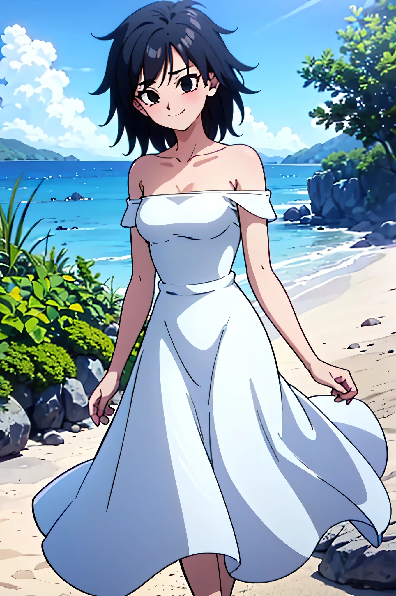 anime screencap, masterpiece, best quality, highres, outdoors, small breasts, gine, spiky black hair, 1 girl, Solo, Black Eyes, Good hands are down, Smile, Blushing, Bare Neck, Bare Arms, Bare Shoulders, White Dress, Strapless White Dress, Lace Off-shoulder top, Ruffle Off-the-Shoulder Top, Long Skirt. Cowboy shot. A landscape of the beach, sea, blue skies, sand beach. In the center. Walking on the beach with bare feets. Far from the bottom, looking at viewers