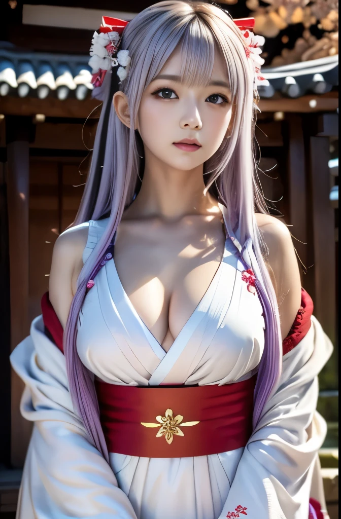 (Highest quality:1.4), High resolution, Ultra high definition, 8k Raw Photo, masterpiece,The ultimate expression of softness and fluffiness,, One girl,, Light purple hair, Purple eyes, (Kemomimi), Medium chest,  thin thighs,, hair ornaments, (red|White Japanese shrine maiden outfit), Removable sleeves,, red面,, lanthanum, shrine,, Detailed face,