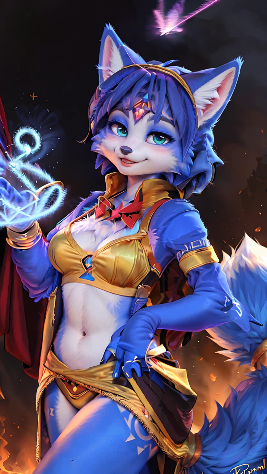 A beautiful and detailed (sweet picture) of ((Krystal)), Star Fox Krystal,  green eyes, medium breasts, (((Long blue hair 1.3))),  anthro, furry, (of Fluff-Kevlar, Bayard Wu, Personalami, Pino Daeni),  detailed fluffy fur, detailed face, (fluffy), 1 girl, alone, hair cover one eye:1.4, big happy smile, giving you a thumbs hoch,  ((((wears a magician&#39;s robe:1.5)))),sfw in a castle