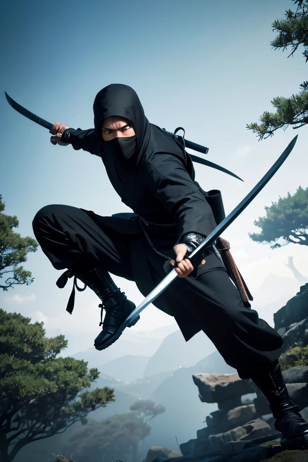 Create a detailed illustration of a Hattori-ryu ninja, focusing on traditional elements and the legacy of Hattori Hanzo, the most famous figure associated with this school. The ninja should be depicted in classic black attire, including a hood and mask, enhancing the stealthy appearance. Equip the ninja with traditional weapons such as shuriken (throwing stars), a kunai (dagger), and a katana (sword) to highlight their martial prowess.

The scene should capture the ninja in a dynamic pose, perhaps mid-jump or hiding in the shadows of a dense forest or ancient Japanese castle, ready to execute a covert mission. Include historical elements such as bamboo groves, ancient trees, or the architecture of the Sengoku period to enhance the authenticity of the setting.

Incorporate details that reflect the unique techniques and skills of Hattori-ryu, such as the use of stealth, agility, and the strategic placement of traps. The background should evoke a sense of mystery and danger, with moonlight filtering through the trees, casting shadows and highlighting the ninja’s form.

To emphasize the connection to Hattori Hanzo, you can include subtle references like a traditional Japanese banner or emblem with his name or symbols associated with his legacy. The overall atmosphere should convey a sense of stealth, precision, and historical depth, capturing the essence of the Hattori-ryu ninja tradition.