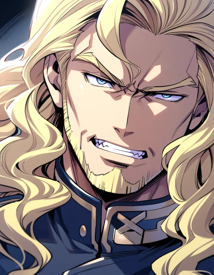male, late 30s, ((blond, shoulder-length, middle-part wavy hair)), (light-purple, deep-set, Sanpaku eyes), slightly thick blond beard, aquiline and hooked nose, slightly underbite, chiseled, slightly long face, fearless expression, navy blue military uniform, portrait