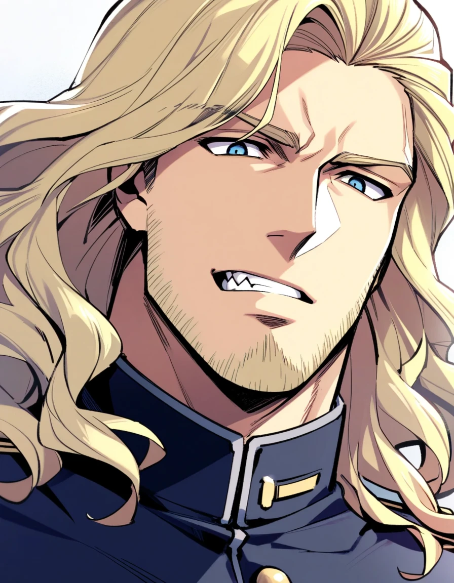 male, late 30s, ((blond, shoulder-length, middle-part wavy hair)), (light-purple, deep-set, Sanpaku eyes), slightly thick blond beard, aquiline and hooked nose, slightly underbite, chiseled, slightly long face, fearless expression, navy blue military uniform, portrait
