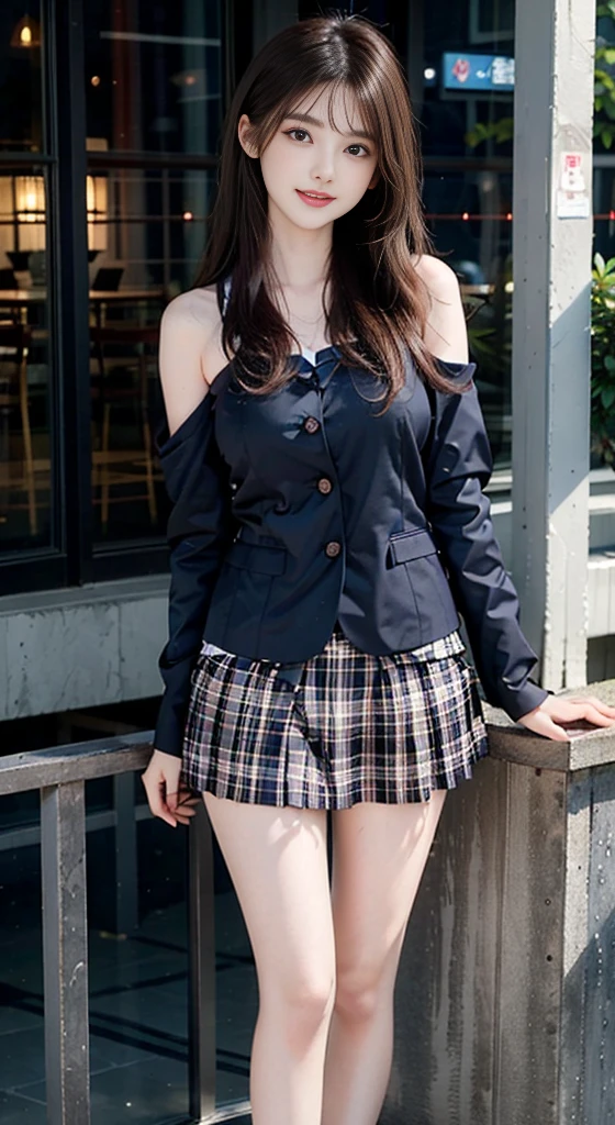 nogizaka_custom, ((Bare shoulders)), ((Full breasts)), ((The skirt is short)), ((Sexy legs)), ((knee shot)), ((Standing, Elegant posture)), 1girl,独奏, 1girl, Cute Girl, Beauty, Practical, Fashion Girl, Red lips, Mature women, Exquisite makeup, big eyes, beautiful, (best quality, masterpiece:1.2), Extremely detailed, (Practical:1.37), ((Random Scenes, Random shooting angle)), ((Sexy long legs)), Young and energetic, Charming model, (Exquisite eyes, Delicate lips), Show a bright smile, Create stunning girl images, warm color, Extremely saturated colors, Official Art, Extremely detailed的 CG, Unity 8K wallpaper, (High Dynamic Range :1.4), (Movie atmosphere),(Soft colors), (Natural skin texture, ultra-Practical, Soft Light, sharp),(Very detailed), night, moonlight