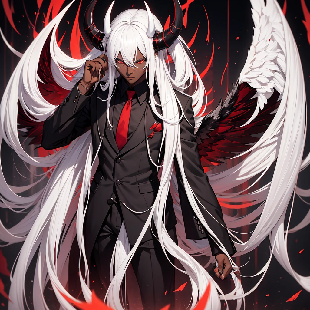 Young man, dark skin, white hair, long hair, slender body, handsome face, demon horns, black wings, black and red suit, intimidating appearance, Incubus.