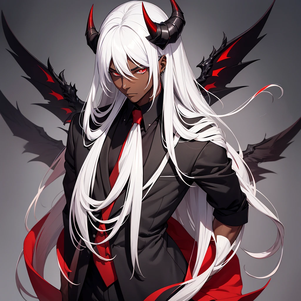 Young man, dark skin, white hair, long hair, slender body, handsome face, demon horns, black wings, black and red suit, intimidating appearance, Incubus.