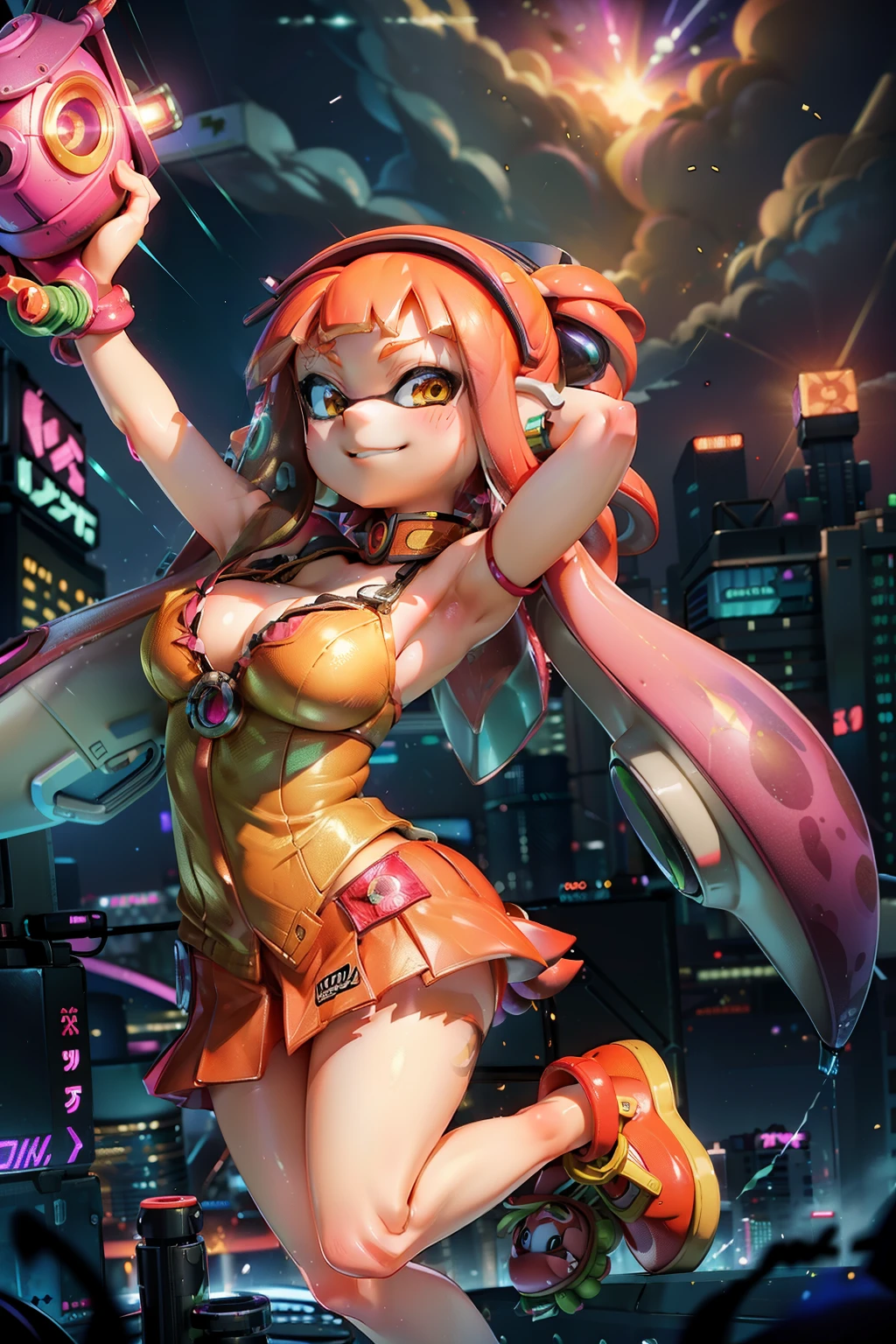 masterpiece、Highest quality、High resolution、Real Anime、3d、(Splatoon Girl)、Beauty、tall、A slightly thinner face、Golden glowing eyeulticolored tentacle hair、blush、smile、Red punk clothes、Short jacket、gigantic breast、Cleavage、Micro Mini Skirt、 ( neon cyberpunk ), neon sings, Neon lighting, Lightning、(( fly in the sky. Dynamic pose of jumping))、(Midnight sky above the city). full moon. Starry Sky.