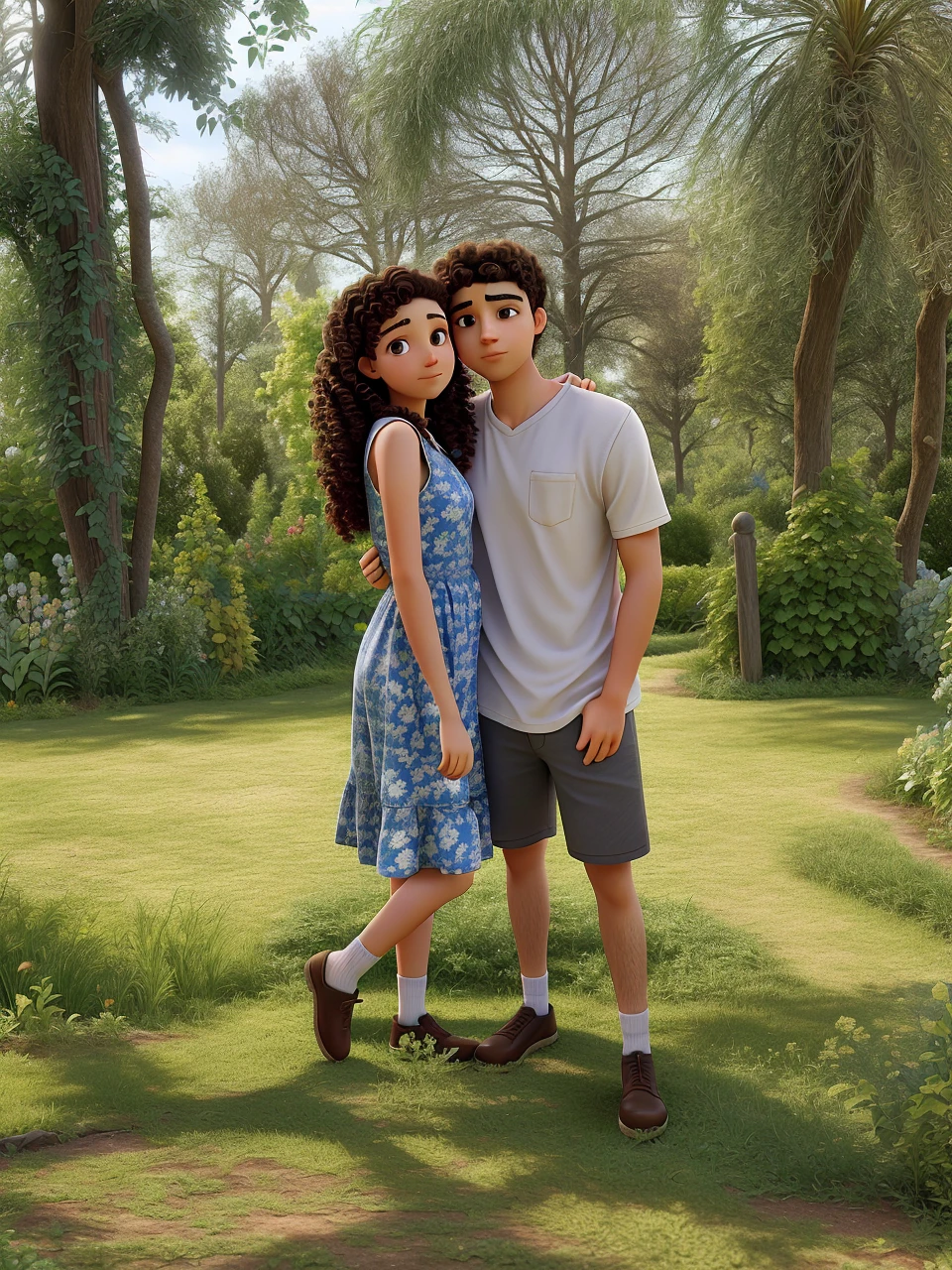 young woman with curly hair and young man with short straight hair both hugging each other looking at the photo, in a garden