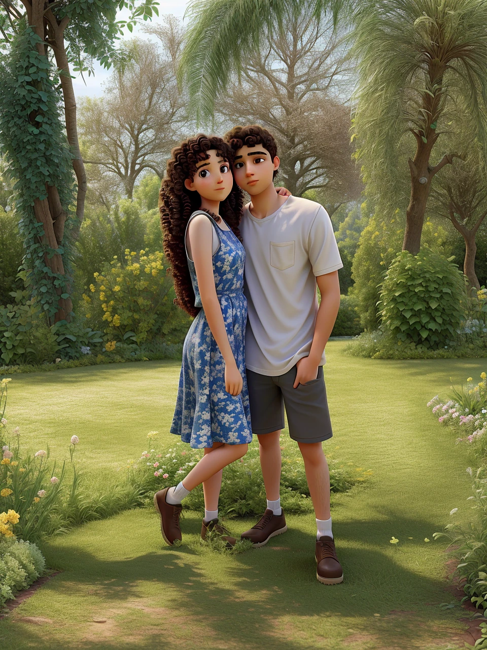 young woman with curly hair and young man with short straight hair both hugging each other looking at the photo, in a garden