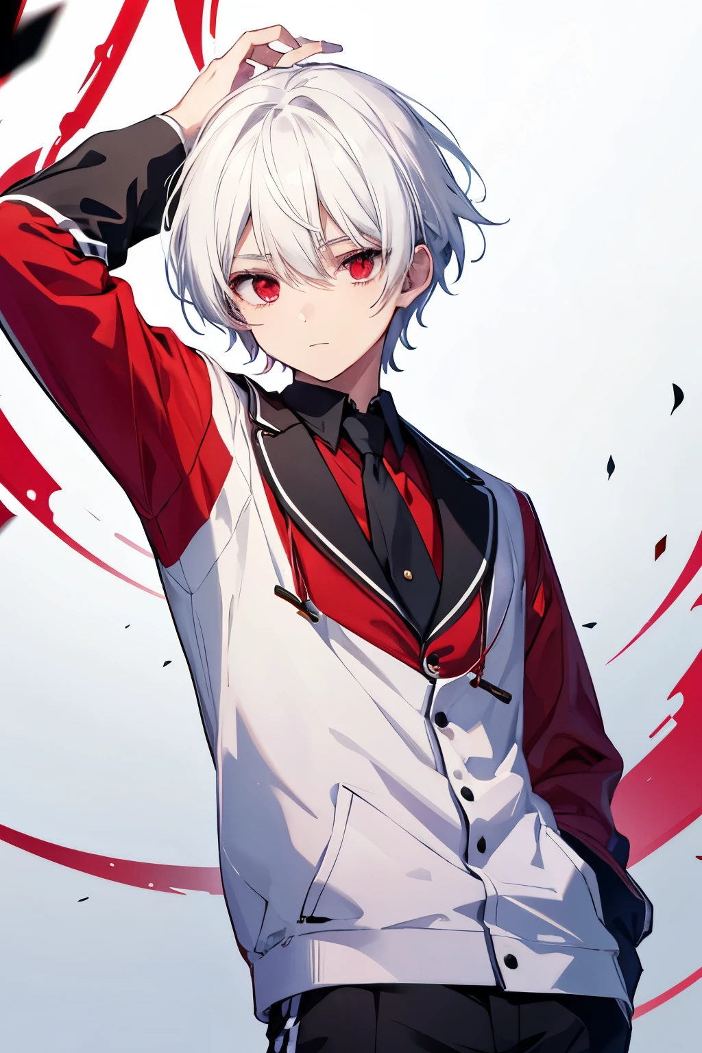 a 17 year old boy wearing high school school clothes, white hair, red eyes