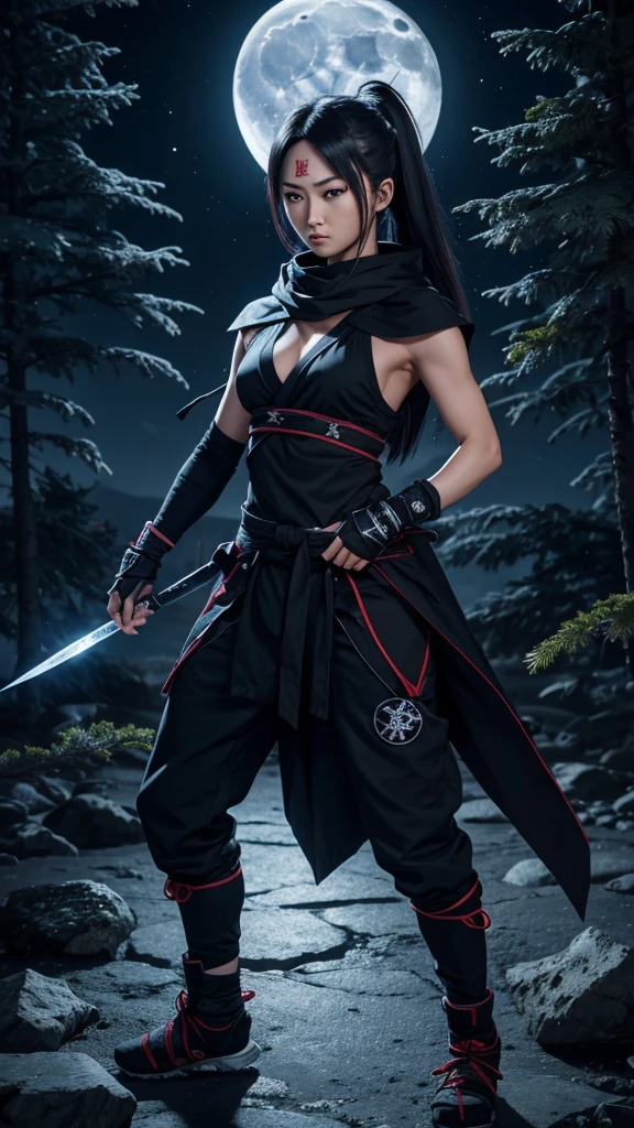 8K resolution, high image quality, high quality, real, female, ninja, Kuichi, ice-cold eyes, ninja clothes, holding a shuriken in hand, moonlight, full moon, lurking in a pine tree branch, image from head to toe,