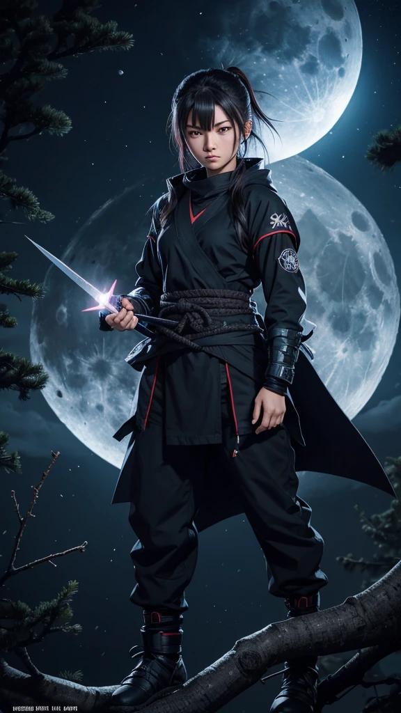 8K resolution, high image quality, high quality, real, female, ninja, Kuichi, ice-cold eyes, ninja clothes, holding a shuriken in hand, moonlight, full moon, lurking in a pine tree branch, image from head to toe,