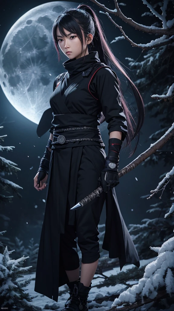 8K resolution, high image quality, high quality, real, female, ninja, Kuichi, ice-cold eyes, ninja clothes, holding a shuriken in hand, moonlight, full moon, lurking in a pine tree branch, image from head to toe,