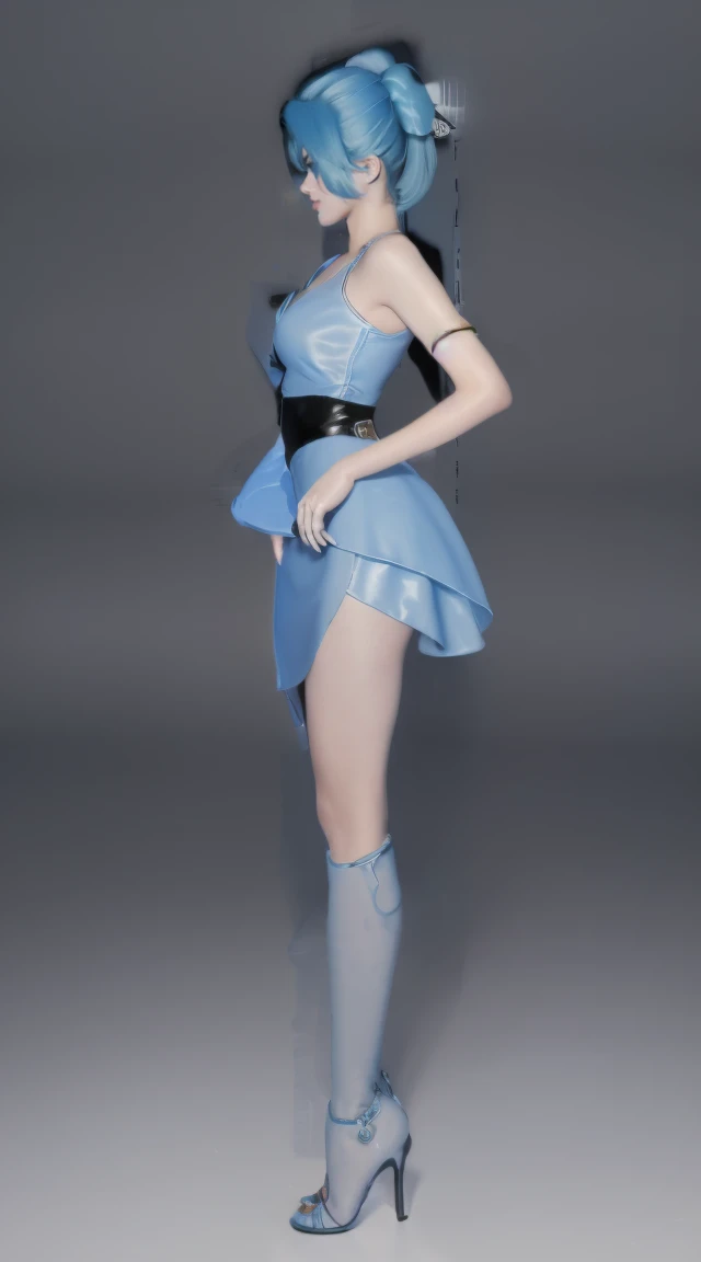 8K, Surreal, masterpiece, best quality, Very detailed, high resolution, Random Background, 1 girl, (:1.5), Yao Liuer, Blue translucent dress,whole body,High heel,whole body,Blue Hair,