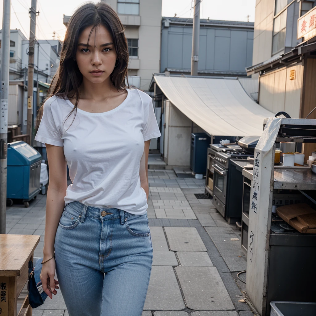 Female supermodel. White T-Shirt. Blue jeans. Dim, soft lighting. Sunset. Sunset. Kappabashi Kitchen Tools Street, Tokyo, Japan.