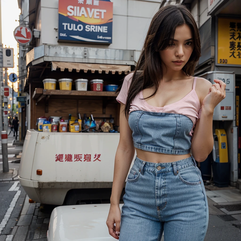 Female supermodel. Pink T-Shirt. Blue jeans. Dim, soft lighting. Sunset. Sunset. Kappabashi Kitchen Tools Street, Tokyo, Japan.