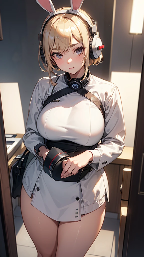 Headphones, red cheeks, detailed details (face, eyes, eyebrows, eyelashes) official art, masterpiece, highest quality, portrait photo of one girl, -yeld gi wearing a bunny girl(white), (silver color, metallic, ) 8k, blonde, short hair, high resolution, ( butt:1.2)(headphones:1.2), (excellent rendering, stands out in its class), (great detail, good lighting, wide angle), big breasts (0.6), plump thighs, absolute area, detailed background,