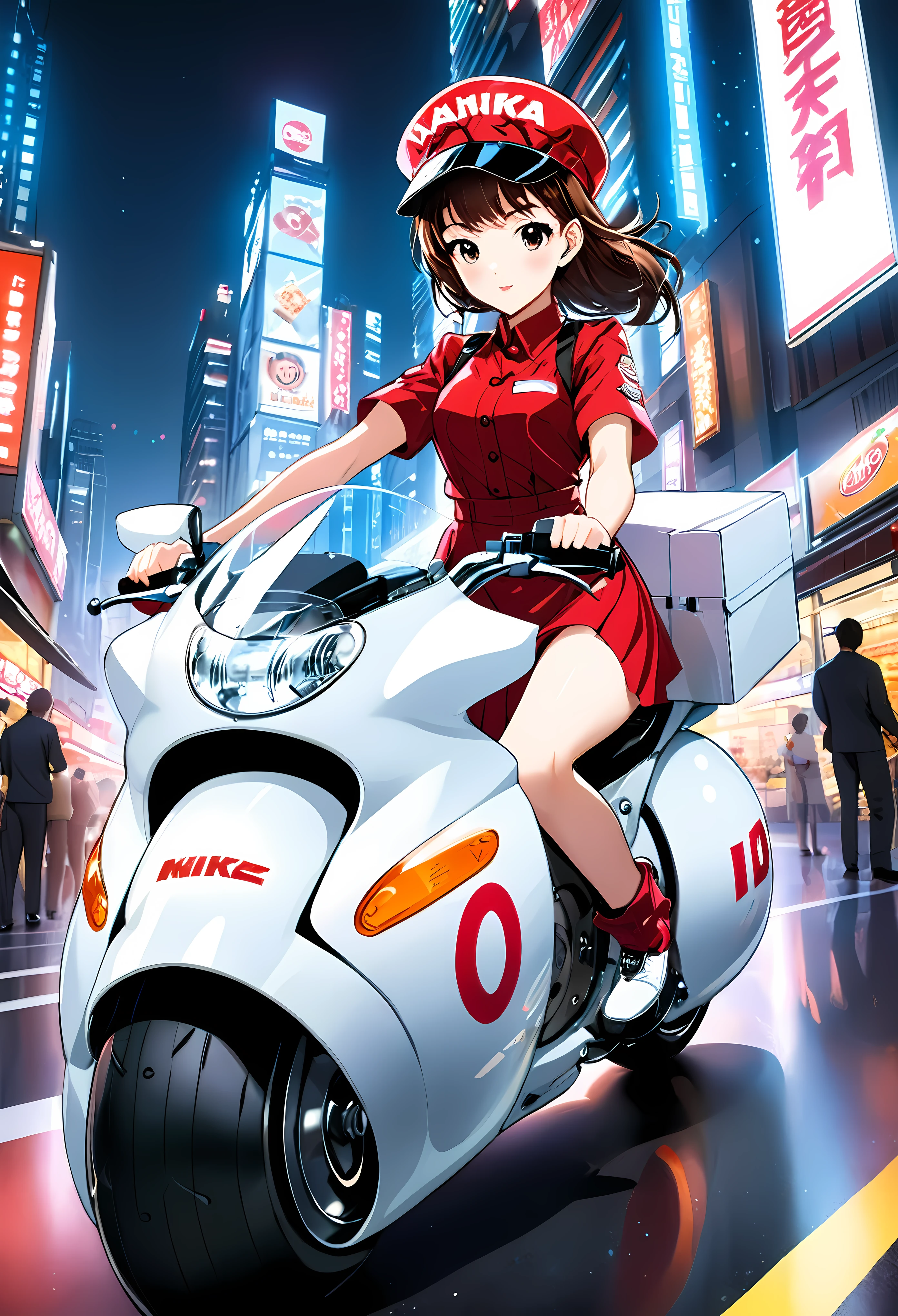 Create a detailed image of a futuristic motorcycle inspired by the iconic bike from the classic Akira manga/anime that turned into fast food delivery bike. The motorcycle should have a sleek, aerodynamic design with a low-slung, elongated body. It should feature a vibrant red color with a glossy finish. The front should have a curved, bubble-shaped windshield, integrated into the bike’s streamlined form. The wheels should be large and chunky, with a futuristic, almost hover-like quality. The front wheel is partially covered by an angular fender, while the rear wheel is exposed, showcasing intricate suspension and mechanical details. The bike should have detailed decals, including logos and futuristic text. The seat should be contoured for a single rider, blending seamlessly into the bike's body. The handlebars should be minimalistic, with advanced digital controls and displays integrated into the design. The background should be a neon-lit cityscape at night, with tall skyscrapers and futuristic elements, evoking a cyberpunk atmosphere. ((Pretty Female waiter riding the bike with fast food box):1.2), ((fast food restaurant hat):1.1), ((insulated food delivery bag):1.1) | ((perfect_composition, perfect_design, perfect_layout, perfect_detail, ultra_detailed)), ((enhance_all, fix_everything)), More Detail, Enhance.
