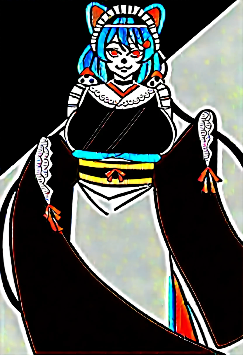 it1, flower, twintails, low twintails, very long hair, dog girl、
choker, maid headdress, black kimono, wide sleeves, frills, obi, white apron, sleeves past wrists, skirt, red skirt, brown footwear, cross-laced footwear、Huge breasts、smirk