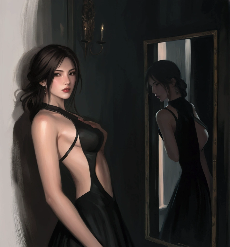 painting of a woman in a black dress looking at herself in a mirror, sultry digital painting, dark dress, digital art of an elegant, she is wearing a black dress, with a mirror, anime girl wearing a black dress, digital painting concept art, tifa lockhart portrait, fully clothed. painting of sexy, dark concept art, seductive tifa lockhart portrait