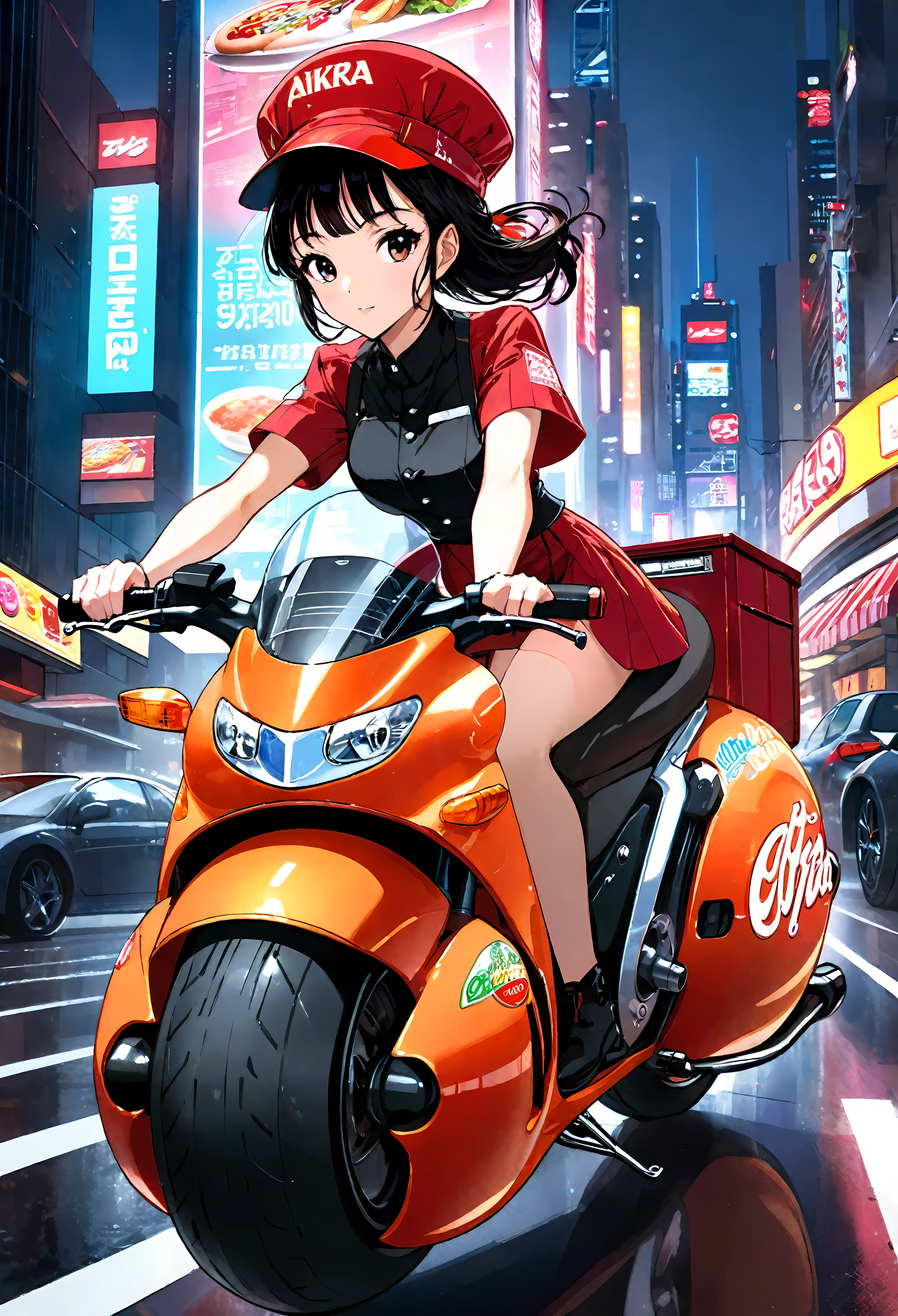 Create a detailed image of a futuristic motorcycle inspired by the iconic bike from the classic Akira manga/anime that turned into fast food delivery bike. The motorcycle should have a sleek, aerodynamic design with a low-slung, elongated body. It should feature a vibrant red color with a glossy finish. The front should have a curved, bubble-shaped windshield, integrated into the bike’s streamlined form. The wheels should be large and chunky, with a futuristic, almost hover-like quality. The front wheel is partially covered by an angular fender, while the rear wheel is exposed, showcasing intricate suspension and mechanical details. The bike should have detailed decals, including logos and futuristic text. The seat should be contoured for a single rider, blending seamlessly into the bike's body. The handlebars should be minimalistic, with advanced digital controls and displays integrated into the design. The background should be a neon-lit cityscape at night, with tall skyscrapers and futuristic elements, evoking a cyberpunk atmosphere. ((Pretty Female waiter riding the bike with fast food box):1.2), ((fast food restaurant hat):1.1), ((insulated food delivery bag):1.1) | ((perfect_composition, perfect_design, perfect_layout, perfect_detail, ultra_detailed)), ((enhance_all, fix_everything)), More Detail, Enhance.
