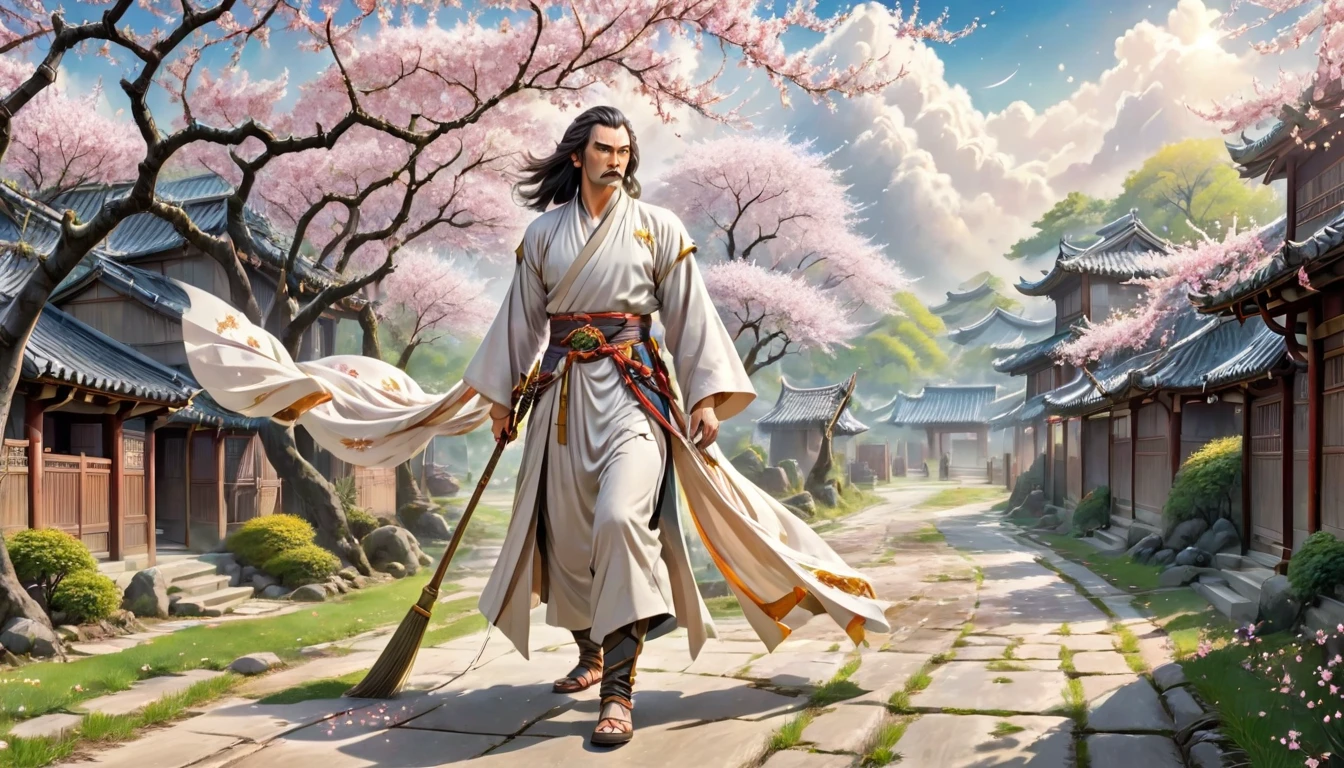 A chivalrous warrior,Dressed in flowing robes,Wear a long sword at the waist,Sword-like eyebrows and star-like eyes,Stern face,High strands of hair,Healthy old man,Wiping my old weapons in the yard,A beautiful and gentle,Dressed in silk and satin,Cloud sideburns high,With exquisite hair accessories,Willow eyebrows and apricot eyes,Cherry Blossom,Doing chores in the yard,Sweeping the yard with a broom