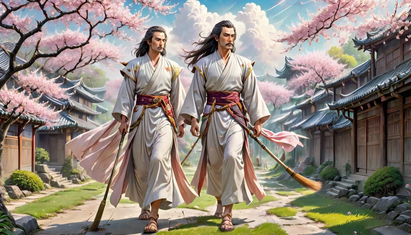A chivalrous warrior,Dressed in flowing robes,Wear a long sword at the waist,Sword-like eyebrows and star-like eyes,Stern face,High strands of hair,Healthy old man,Wiping my old weapons in the yard,A beautiful and gentle,Dressed in silk and satin,Cloud sideburns high,With exquisite hair accessories,Willow eyebrows and apricot eyes,Cherry Blossom,Doing chores in the yard,Sweeping the yard with a broom
