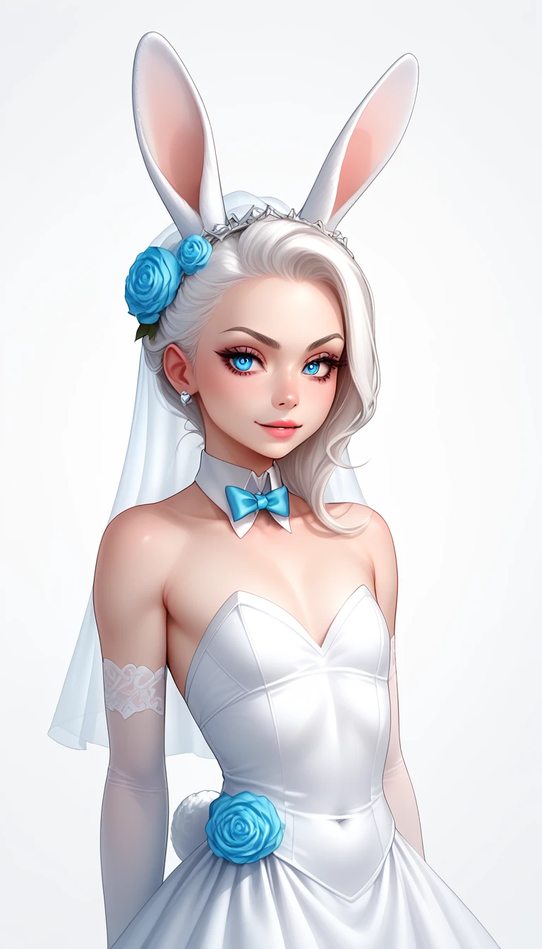 score_9, score_8_up, score_7_up, 1girl, solo,
flowing white hair, glowing blue eyes, ((tiny, _young, small , flat chest:1.25)), ((crossed_hands, the offended face expression)), bunny ears, bunny tail, pale skin, demoness, (Bunny:1.2),
monochromatic, eerie atmosphere,
(wedding dress), seductive, stark white background
