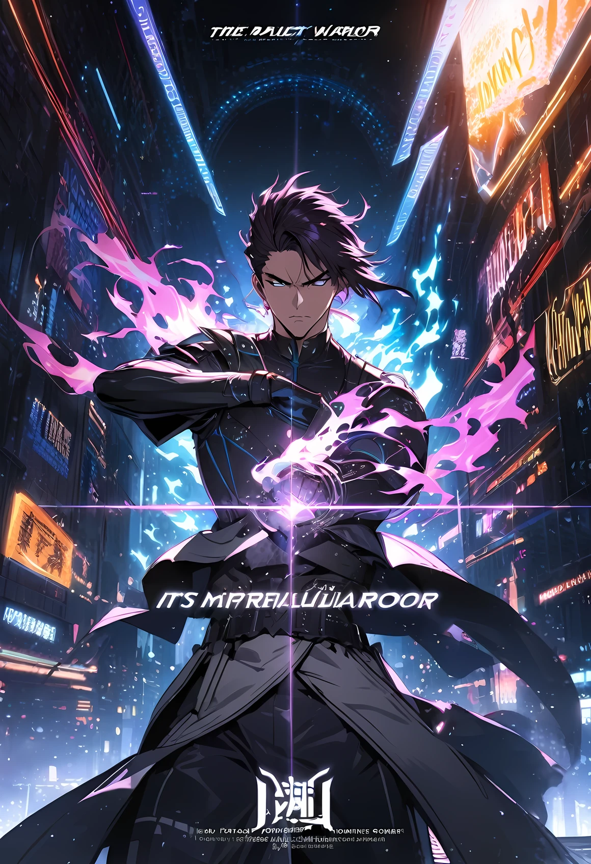 detailed plain book cover with title/subtitle/author names, The cover showcases a futuristic cityscape of AstroNexus with towering buildings and neon lights under a starry night sky. In the center, Xavier Blaise stands in a ready-to-fight pose, his face showing determination and courage, with his hair flowing and dressed in futuristic attire. Surrounding his hand, fiery star energy from his martial spirit, Blazing Starfire, flickers vividly, adding a dynamic and powerful visual effect. Silhouettes of friends and allies appear in the background, along with a small Imperial emblem to hint at the world's setting. Its title is "Journey of the Soulbound Warrior". The title "Journey of the Soulbound Warrior" is displayed in bold and impactful font, with a futuristic and metallic texture. The author's name is placed in a sleek and modern font at the bottom., The title is placed at the top of the cover, with the author's name at the bottom. The main visual elements are centered, creating a balanced composition., --v 6 --stylize 100 --ar 10:16 --seed 1027612882