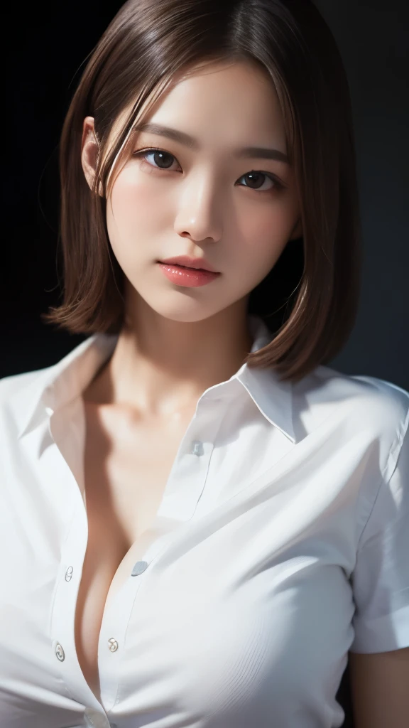 8K,Highest quality,(masterpiece:1.2),(Realistic),(Realistic:1.37),Ultra-high resolution,One Woman,smile,((Big Breasts)),Beautiful Eyes,(((White shirt))),Perfect body,Perfect Fingers,Professional Lighting,gravure,Detailed face and skin texture,fine grain,RAW Photos