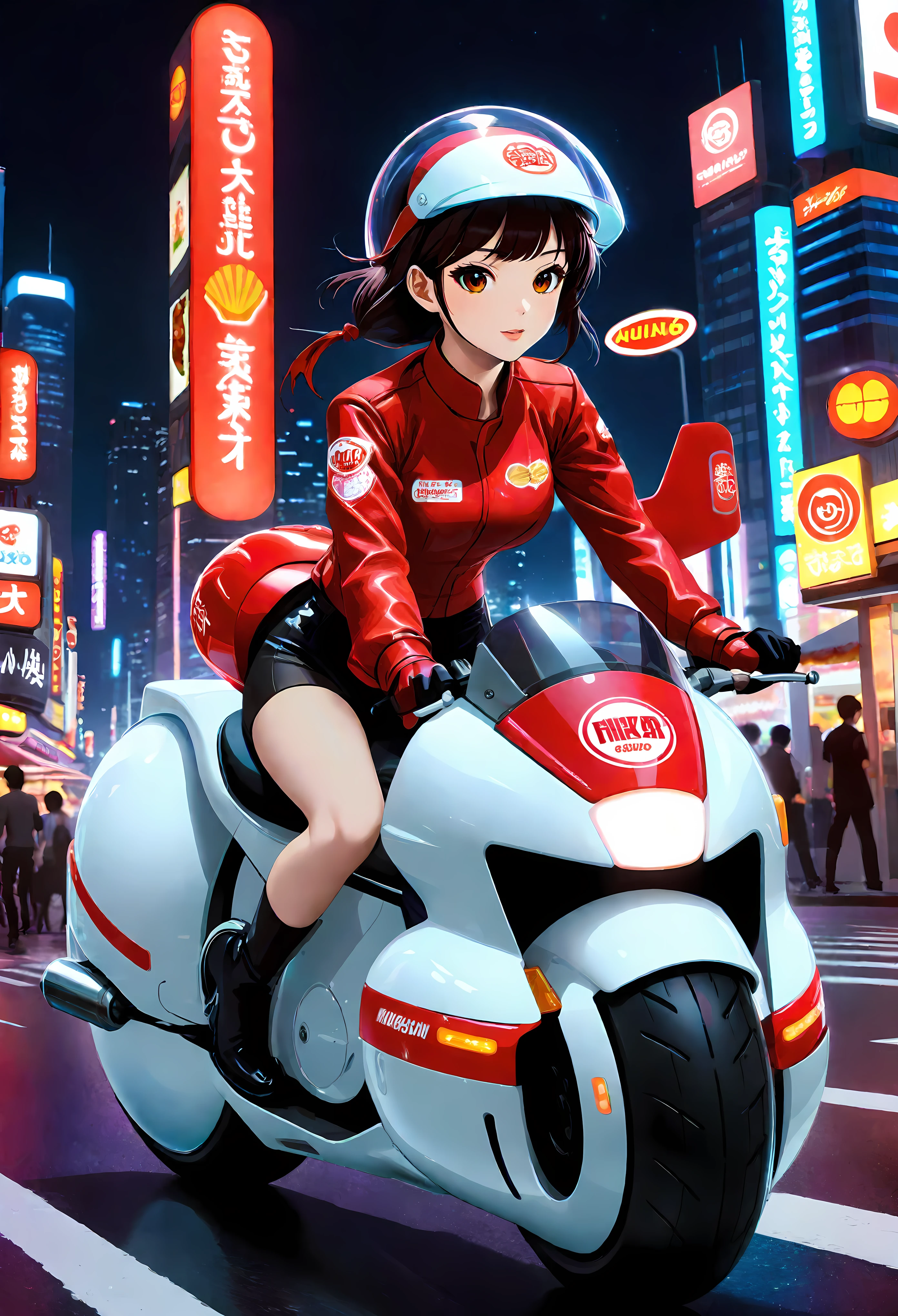 Create a detailed image of a futuristic motorcycle inspired by the iconic bike from the classic Akira manga/anime that turned into fast food delivery bike. The motorcycle should have a sleek, aerodynamic design with a low-slung, elongated body. It should feature a vibrant red color with a glossy finish. The front should have a curved, bubble-shaped windshield, integrated into the bike’s streamlined form. The wheels should be large and chunky, with a futuristic, almost hover-like quality. The front wheel is partially covered by an angular fender, while the rear wheel is exposed, showcasing intricate suspension and mechanical details. The bike should have detailed decals, including logos and futuristic text. The seat should be contoured for a single rider, blending seamlessly into the bike's body. The handlebars should be minimalistic, with advanced digital controls and displays integrated into the design. The background should be a neon-lit cityscape at night, with tall skyscrapers and futuristic elements, evoking a cyberpunk atmosphere. ((Pretty Female waiter riding the bike with fast food box):1.2), ((fast food restaurant hat):1.1), ((insulated food delivery bag):1.1) | ((perfect_composition, perfect_design, perfect_layout, perfect_detail, ultra_detailed)), ((enhance_all, fix_everything)), More Detail, Enhance.
