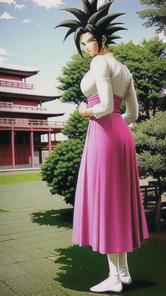 Kefla,wearing a white lace blouse and a pink skirt, standing in front of a traditional Japanese building with greenery in the background. The image has a delicate, feminine aesthetic and a relaxed, natural feel.