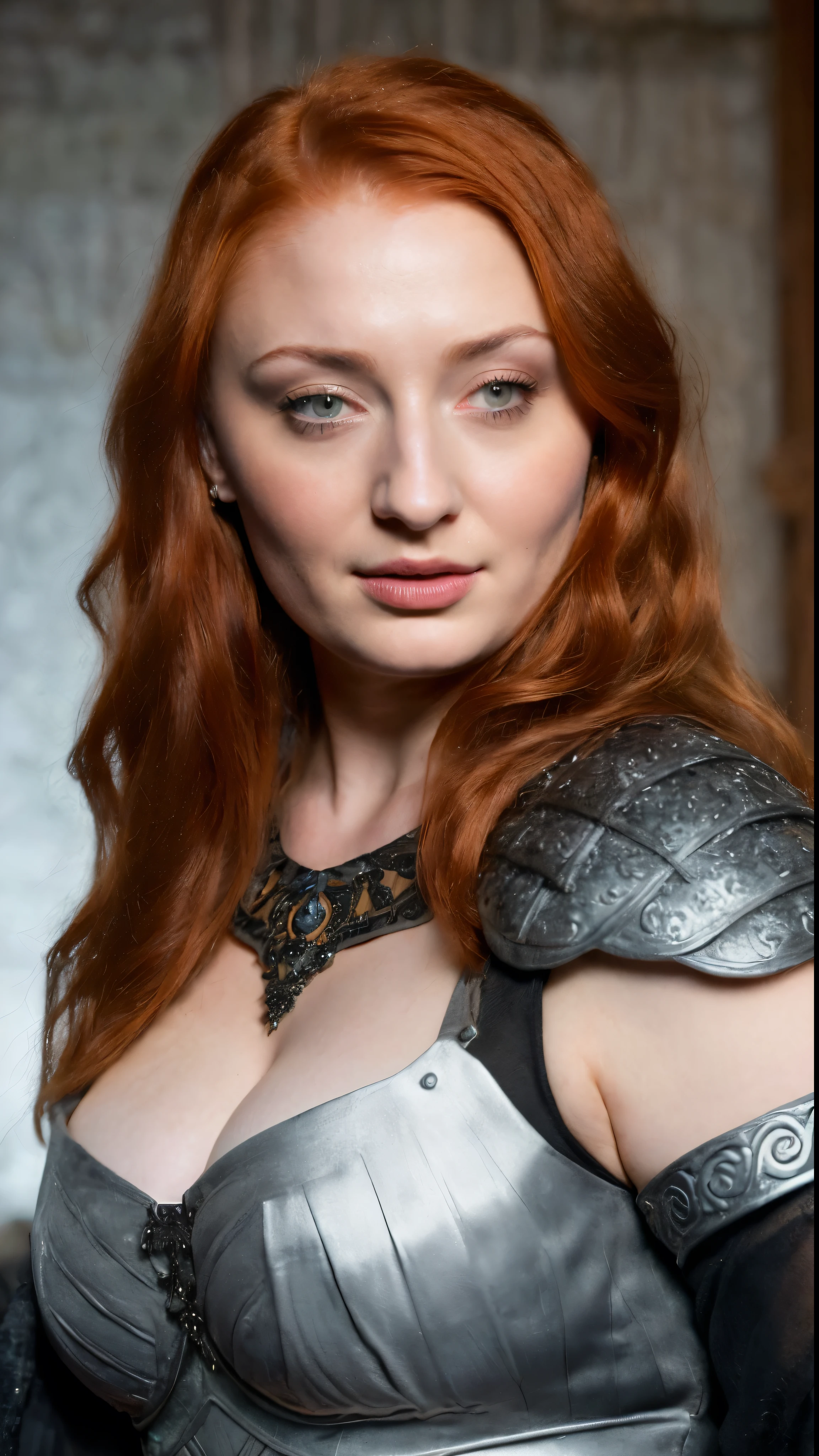 Face of Sophie Turner, Sansa Stark played by Sophie Turner, the de facto Lady of the Eyrie, is a 50-year-old mature queen with a stunning, alluring appearance, mommy figure, wide body, heavy figure, fleshy bulky figure, Full Face, Full figured woman, pierced eyes, reddish lips, upper body shot, erotic Mediaeval costumes, game of thrones costumes, She wears a Game of Thrones-inspired costume and has a deep cleavage, a perfect thick body, and a perfect thick figure. The photograph captures her in a close-up, with her skin texture and facial features being ultra-realistic and realistic. Juicy thick figure, high quality skin, Skin pores, amazing details, snow, snow flakes, semi realistic, extremely detailed eyes, dark moody orange and black settings, cool environment, artificial intelligence