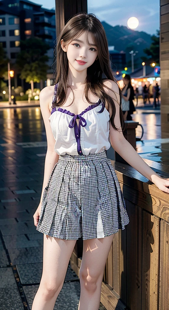 nogizaka_custom, ((Bare shoulders)), ((Full breasts)), ((The skirt is short)), ((Sexy legs)), ((knee shot)), ((Standing, Elegant posture)), 1girl,独奏, 1girl, Cute Girl, Beauty, Practical, Fashion Girl, Red lips, Mature women, Exquisite makeup, big eyes, beautiful, (best quality, masterpiece:1.2), Extremely detailed, (Practical:1.37), ((Random Scenes, Random shooting angle)), ((Sexy long legs)), Young and energetic, Charming model, (Exquisite eyes, Delicate lips), Show a bright smile, Create stunning girl images, warm color, Extremely saturated colors, Official Art, Extremely detailed的 CG, Unity 8K wallpaper, (High Dynamic Range :1.4), (Movie atmosphere),(Soft colors), (Natural skin texture, ultra-Practical, Soft Light, sharp),(Very detailed), night, moonlight