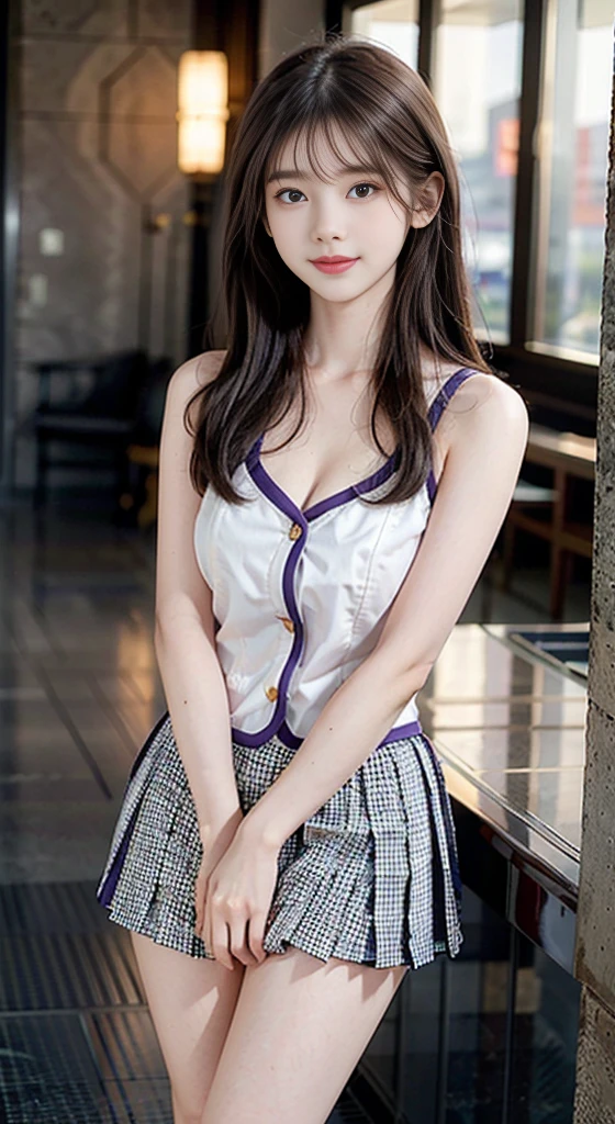 nogizaka_custom, ((Bare shoulders)), ((Full breasts)), ((The skirt is short)), ((Sexy legs)), ((knee shot)), ((Standing, Elegant posture)), 1girl,独奏, 1girl, Cute Girl, Beauty, Practical, Fashion Girl, Red lips, Mature women, Exquisite makeup, big eyes, beautiful, (best quality, masterpiece:1.2), Extremely detailed, (Practical:1.37), ((Random Scenes, Random shooting angle)), ((Sexy long legs)), Young and energetic, Charming model, (Exquisite eyes, Delicate lips), Show a bright smile, Create stunning girl images, warm color, Extremely saturated colors, Official Art, Extremely detailed的 CG, Unity 8K wallpaper, (High Dynamic Range :1.4), (Movie atmosphere),(Soft colors), (Natural skin texture, ultra-Practical, Soft Light, sharp),(Very detailed), night, moonlight