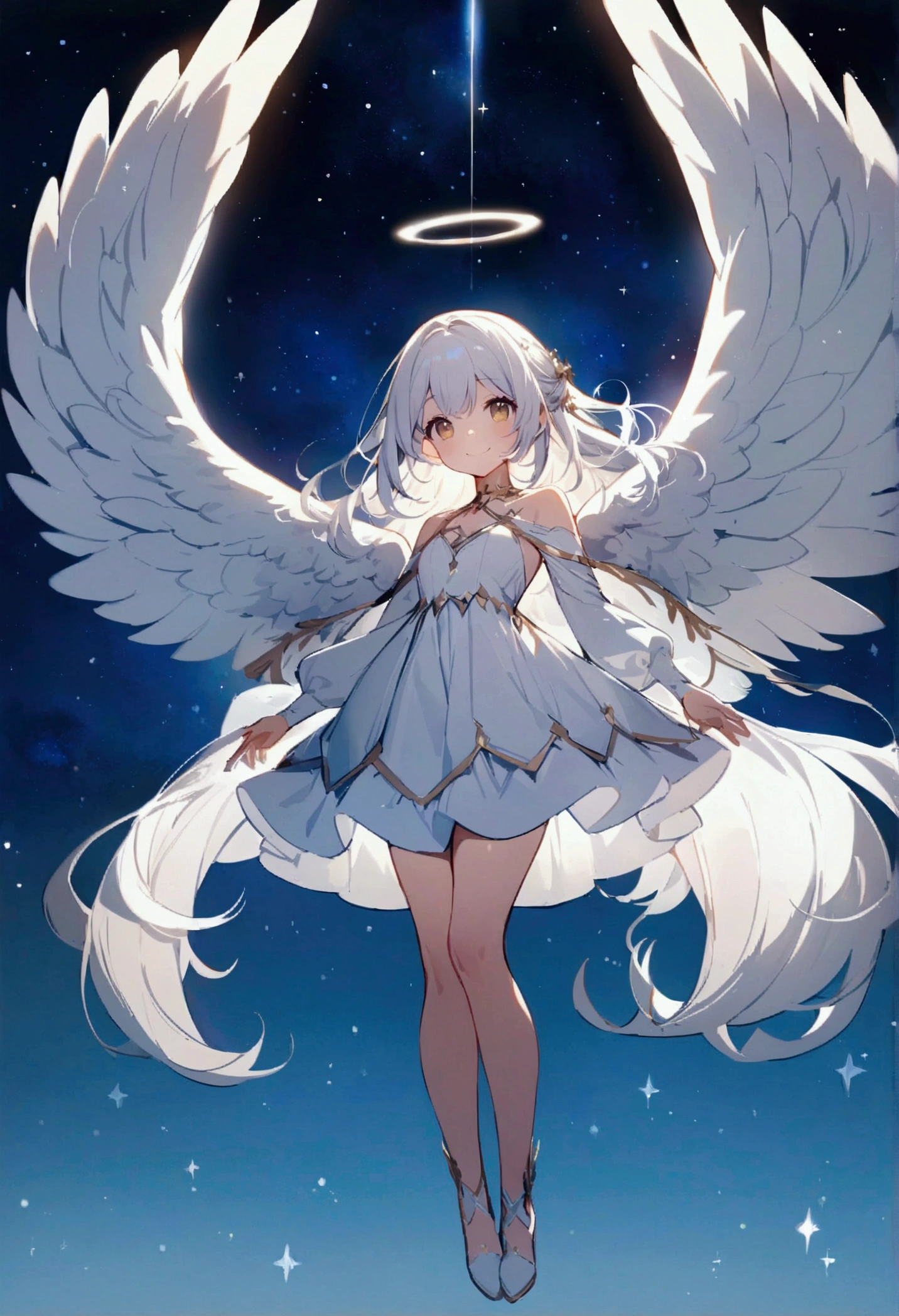 Angel Wings,One Girl,cute,Big white wings,White Dress,fly in the sky,smile,Beautiful starry sky,high quality,High resolution,high quality,Long white hair,Illuminated by the moonlight,Whole body image