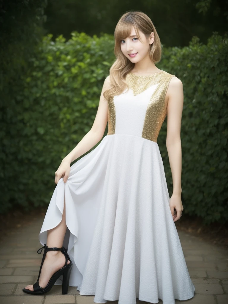 幻想的な空間に佇むbeautiful女性, Tight micro dress in white and gold, 98k, {{masterpiece}}, 最high quality, high quality:1.4), {{[[Front view}}, eye_touch, Various poses)]], Very cute face, and very pretty eyes, Cute Images, Lovely images, {{whole whole body}}, {{{{{{{{Long legs}}}}}}}}, {{{{Slim and sexy body}}}}, {{{{{{背のexpensive女性}}}}}}, {{Height: 177cm}}, alone, beautiful, Lovely, Adorable, Pale skin, {{18〜22 year old German woman}}, look beautiful German girl and blue eyes or green eyes with platinum blonde hair color), Scandinavian German girl, {{{{{{{{{{whole body}}}}}}}}}}, {{{{{{{{{{expensive_Heel}}}}}}}}}},